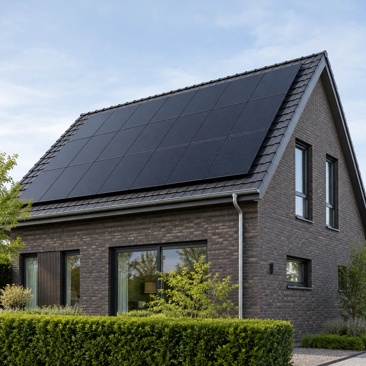 Modernes Klinkerhaus mit schwarzer Photovoltaikanlage - generiertes Symbolbild