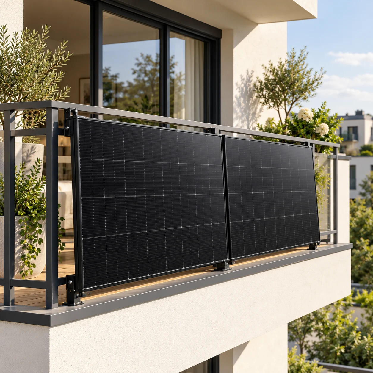Modernes Balkonkraftwerk mit zwei schwarzen Solarmodulen am Balkongeländer - Visualisierung