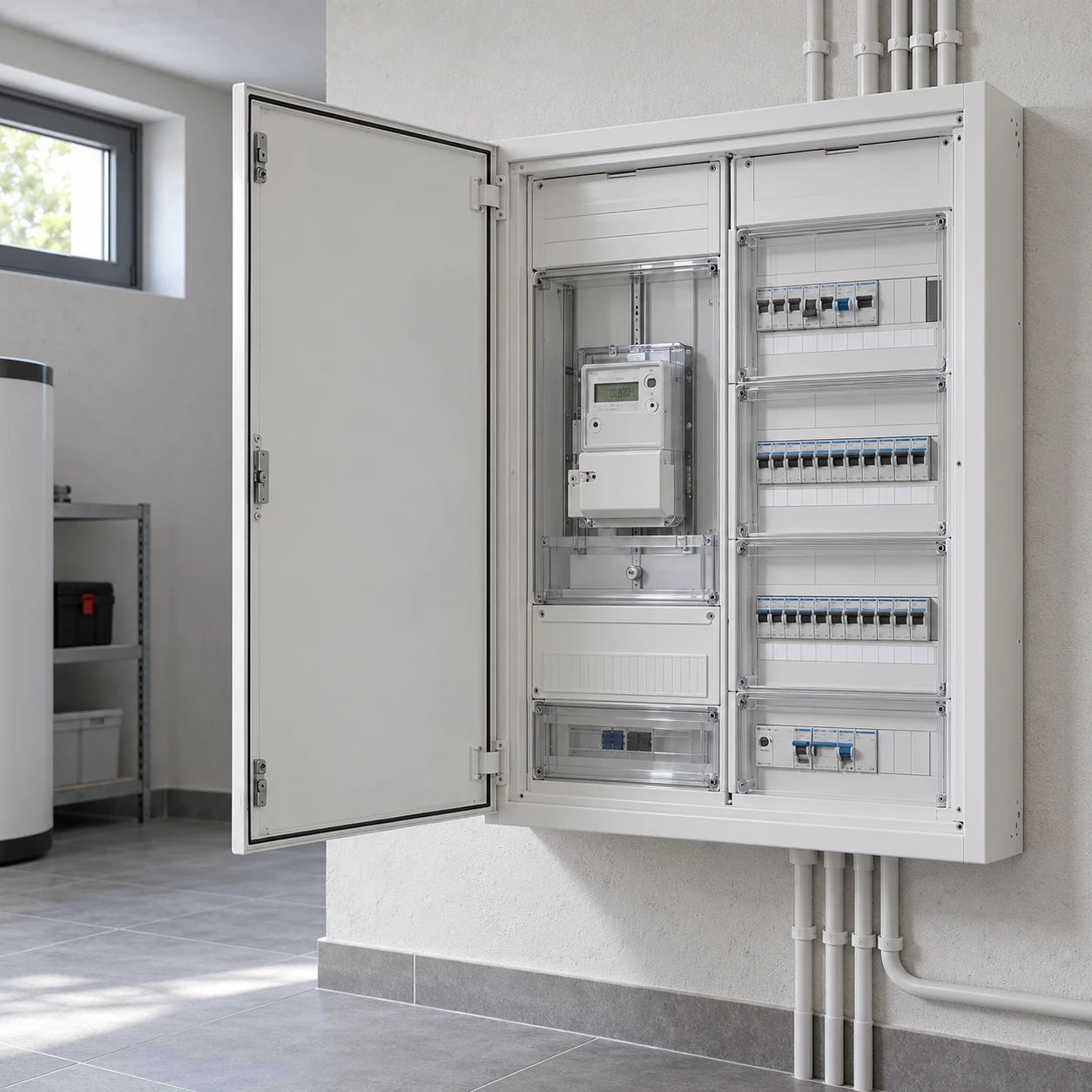Moderner Zählerschrank mit digitalem Smart Meter im Keller - Visualisierung