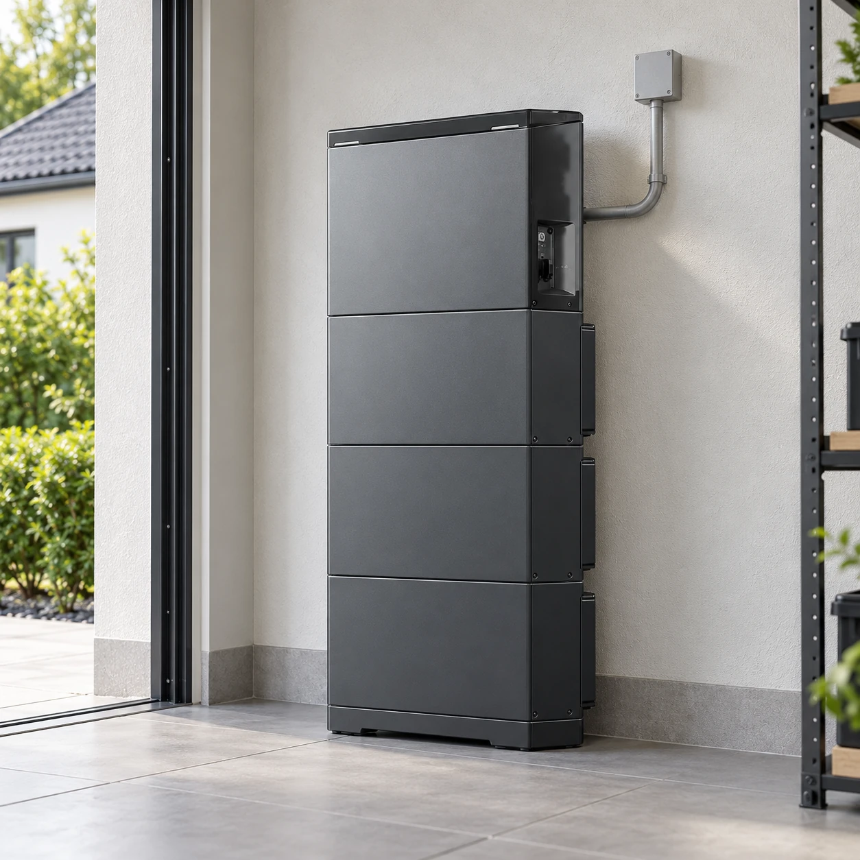 Modularer Batteriespeicher im Technikbereich eines modernen Hauses - Visualisierung